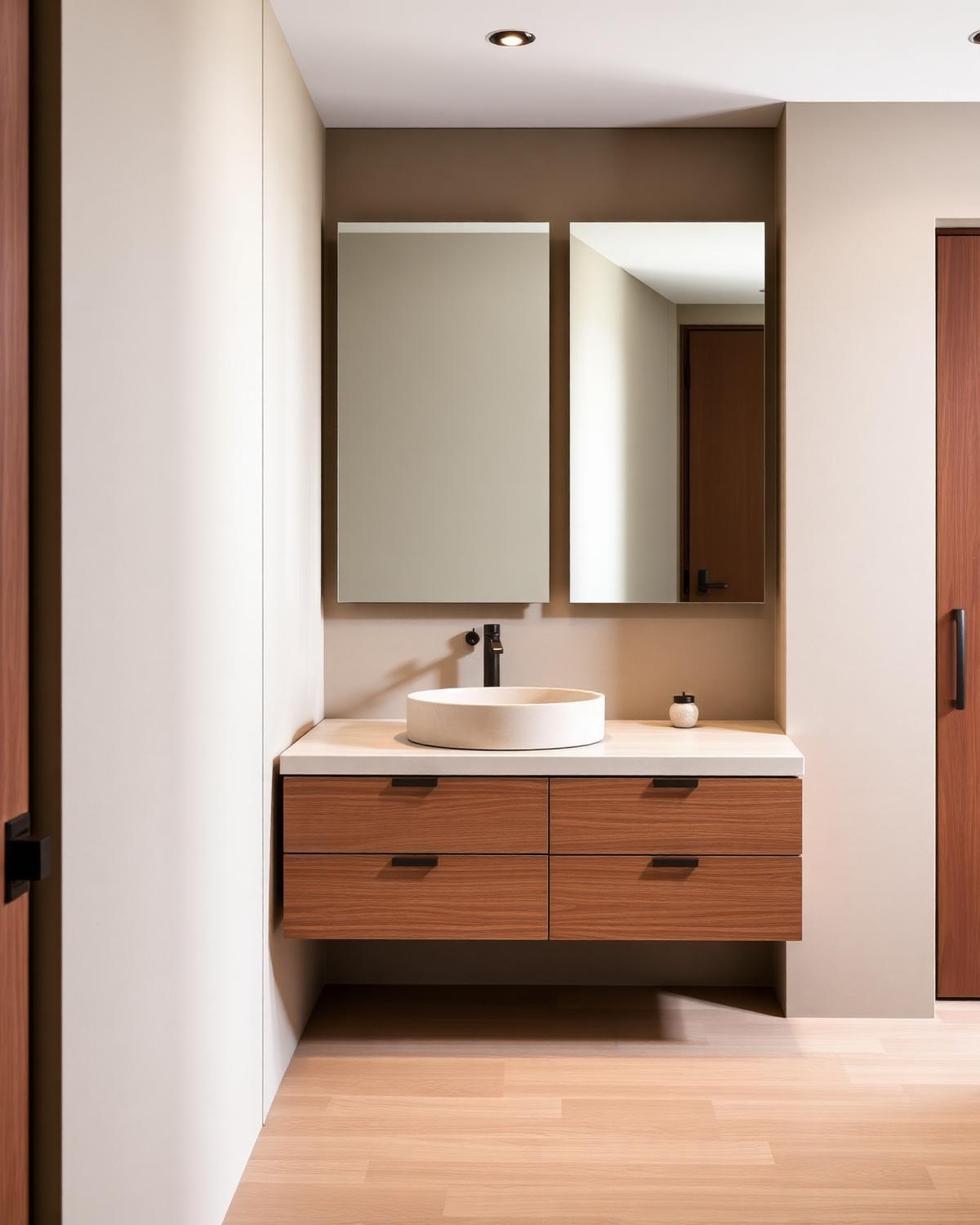 Minimalistischer Badezimmer-Waschtisch aus Holz mit Steinbecken