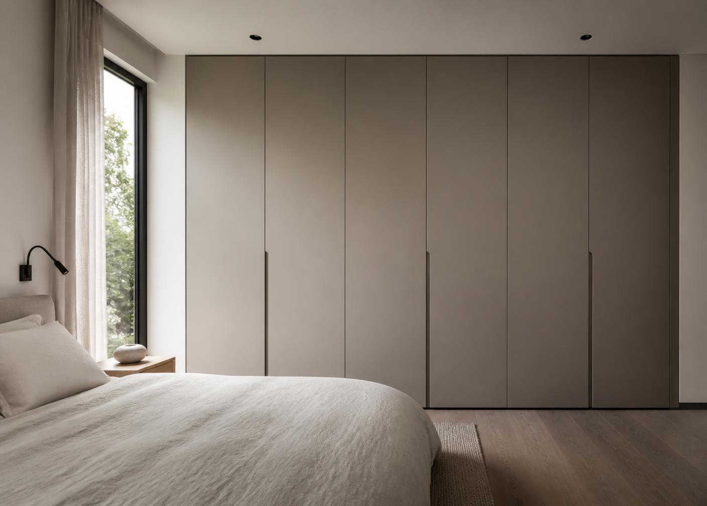 Schlafzimmer mit wandfüllendem Einbauschrank in Greige