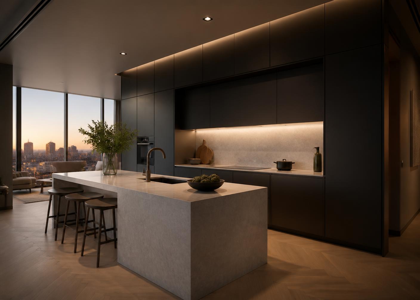 Penthouse Küche mit dunklen Fronten und heller Steininsel bei Abendlicht
